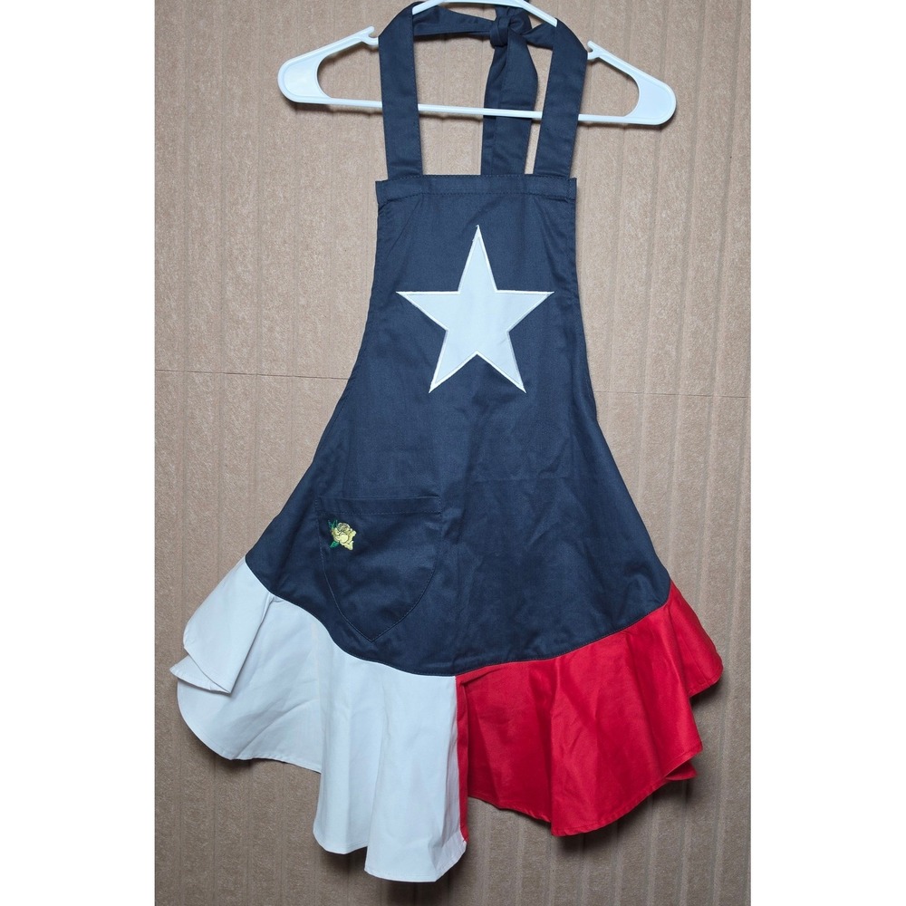 Rock Point Texas Flag Apron Yellow Rose Embroidery Ruffle Hem Red White Blue